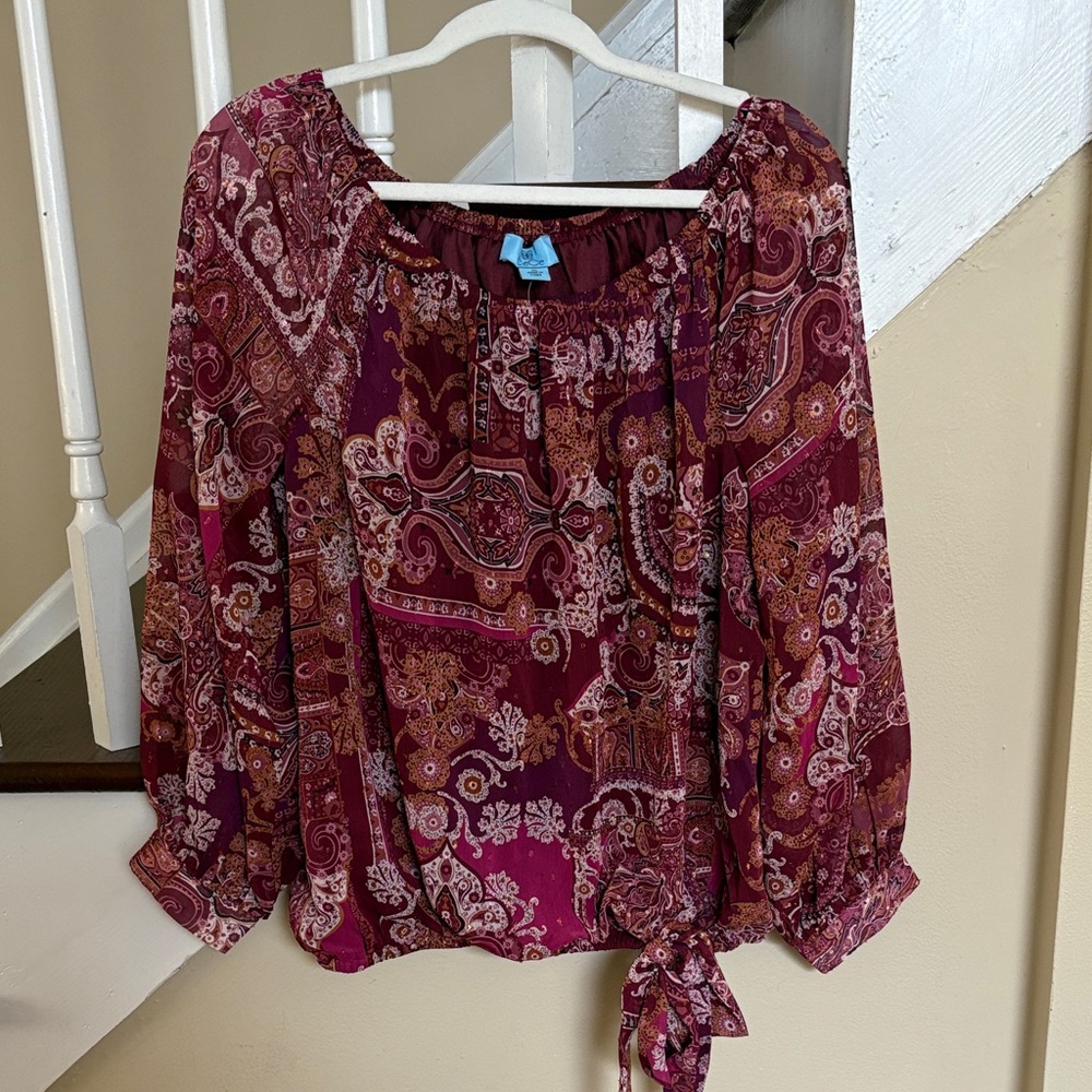 CeCe Burgundy and Orange Paisley Blouse